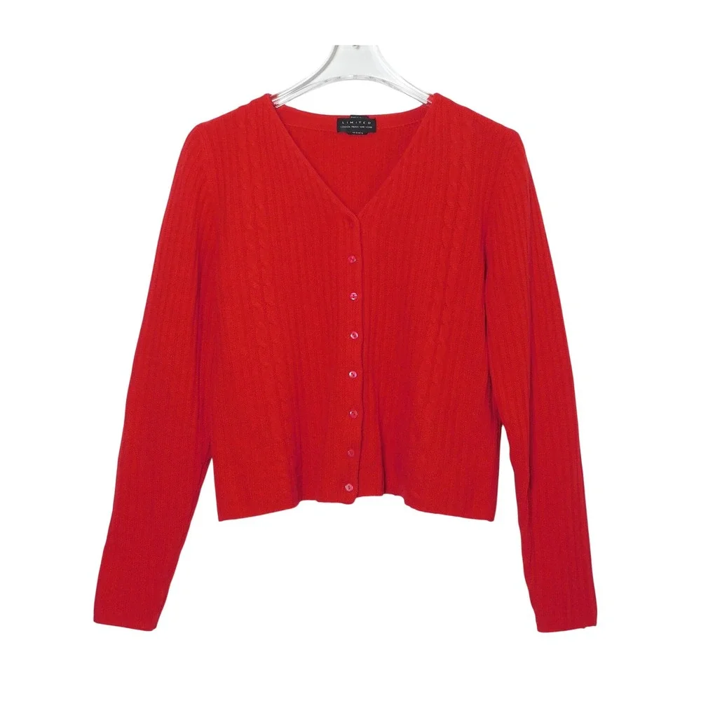 Vintage The Limited Red Lambswool Blend Cable Knit V-Neck Cardigan Sweater S
